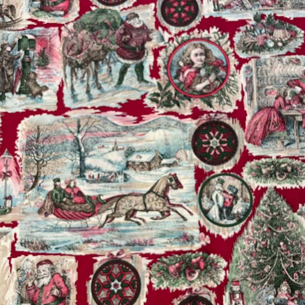 Victorian Christmas Holiday Toile Fabric (~2.5 yds) 43x95 Tree Sleigh Remnant